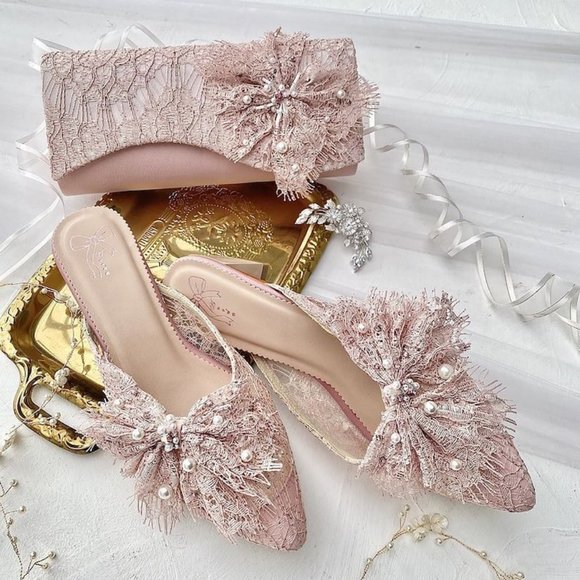 Rose Gold Pink Lace Shoes ( Mule) Only Shoes in this listing... - Picture 2 of 7